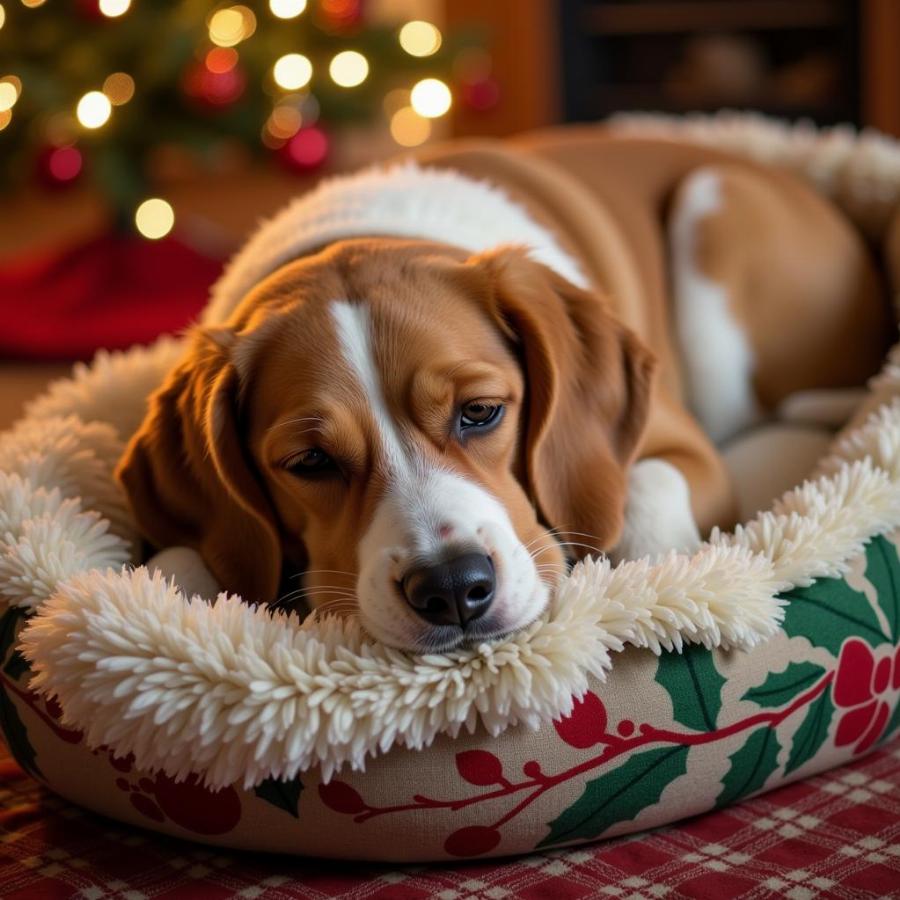 Dog Relaxing in Holiday-Themed Bed