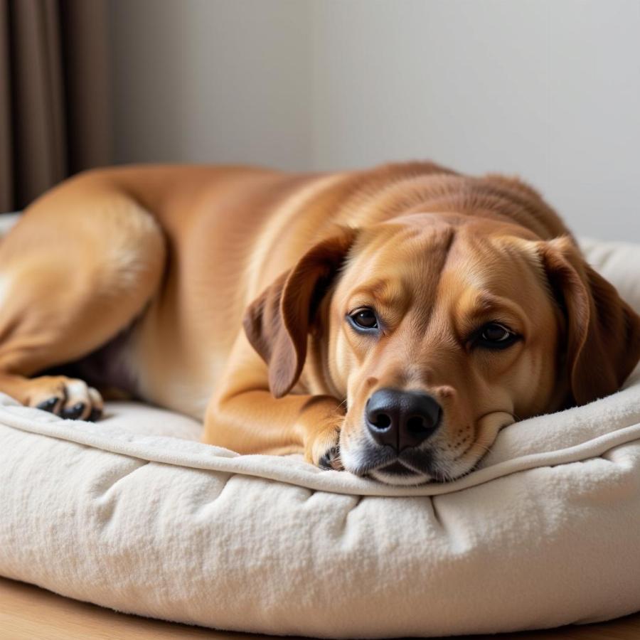 Dog resting comfortably on a bed