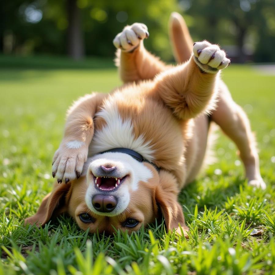 Dog rolling in grass