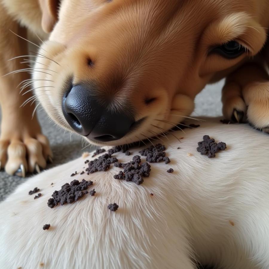 Dog scratching black crusty spots on skin