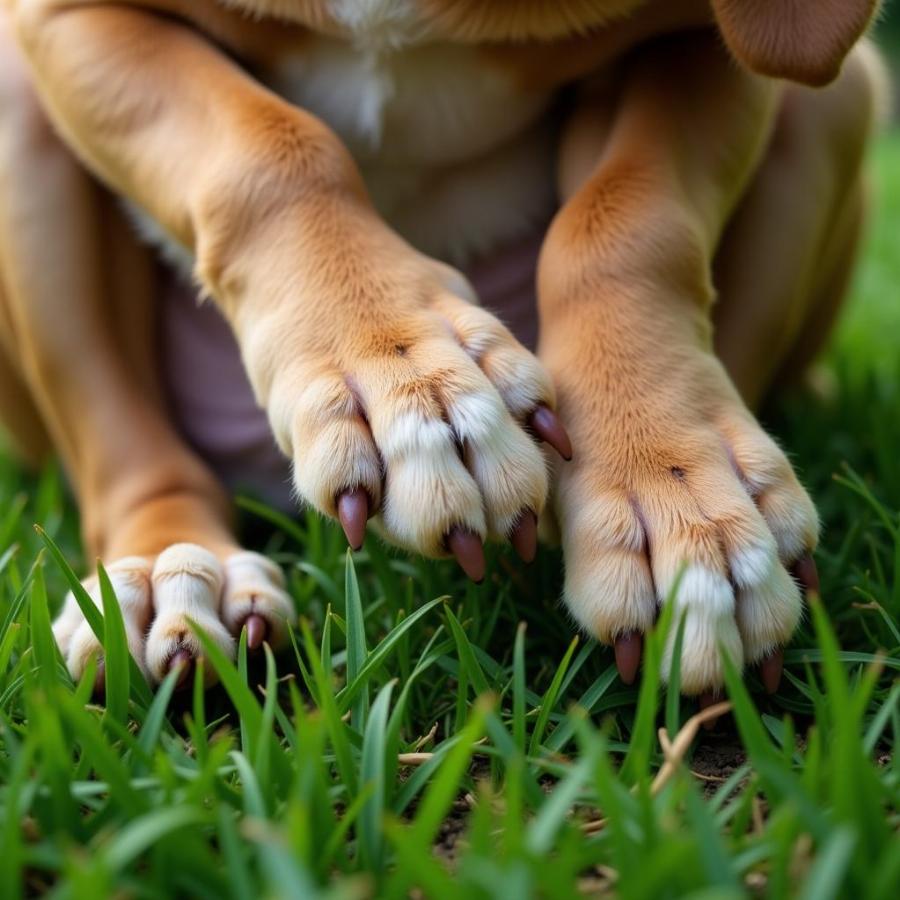 Dog scratching paws on grass