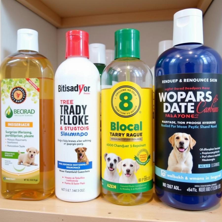 Variety of dog shampoo bottles on display