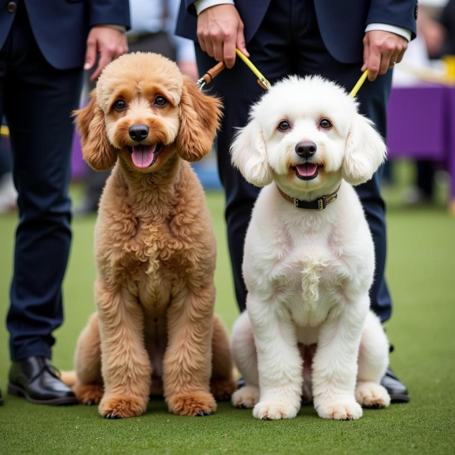 Two dogs competing in a dog show