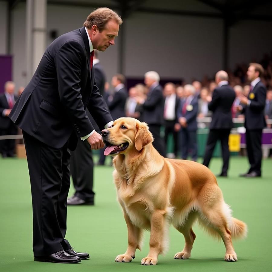 Dog show judge examining a dog