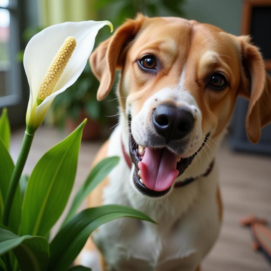 Dog looking unwell with a peace lily in the background.