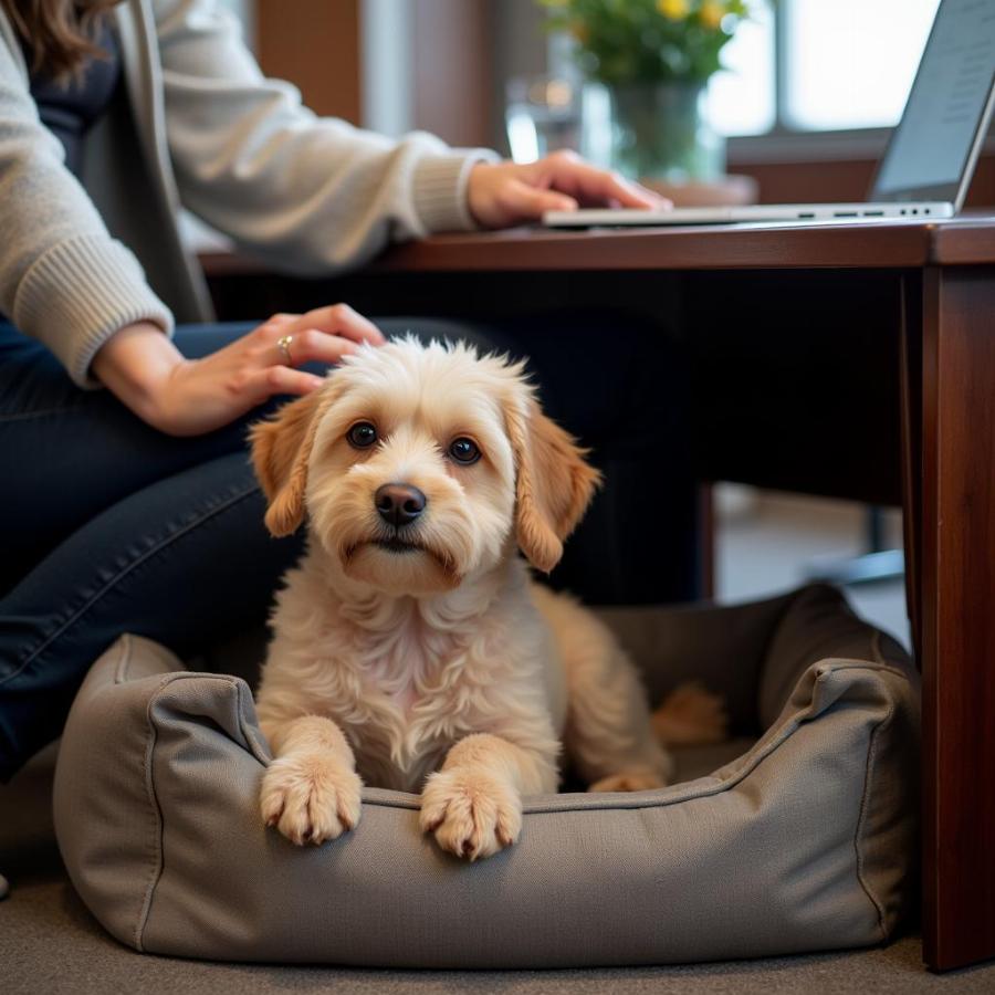 Dog Sitting at Desk with Owner