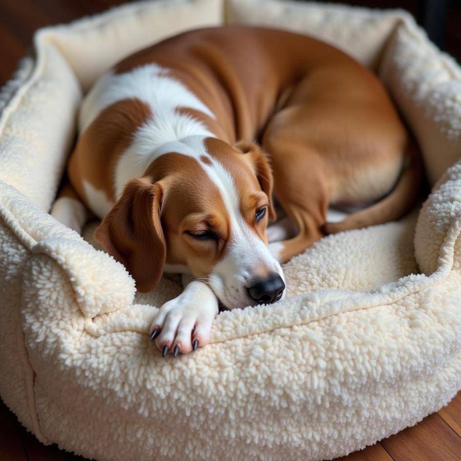 Dog sleeping soundly on a blanket bed