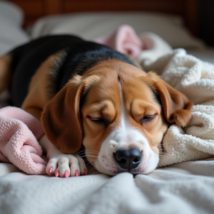 Dog sleeping on clothes on a bed