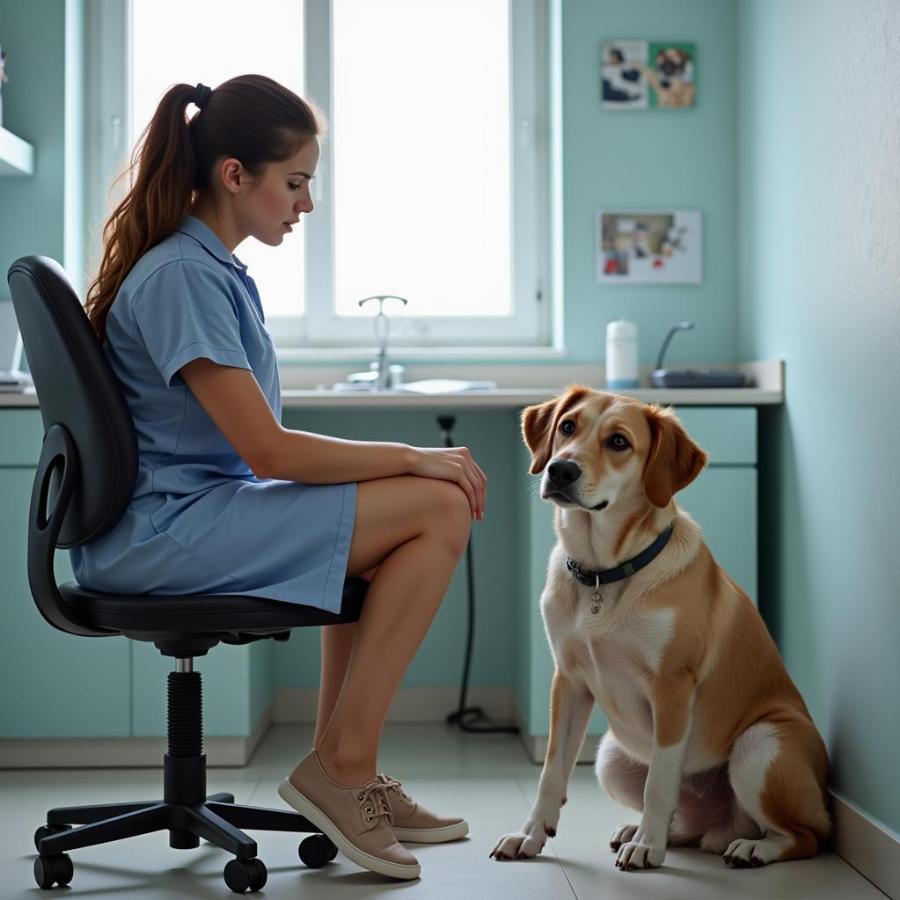 Worried dog owner at the vet with their dog