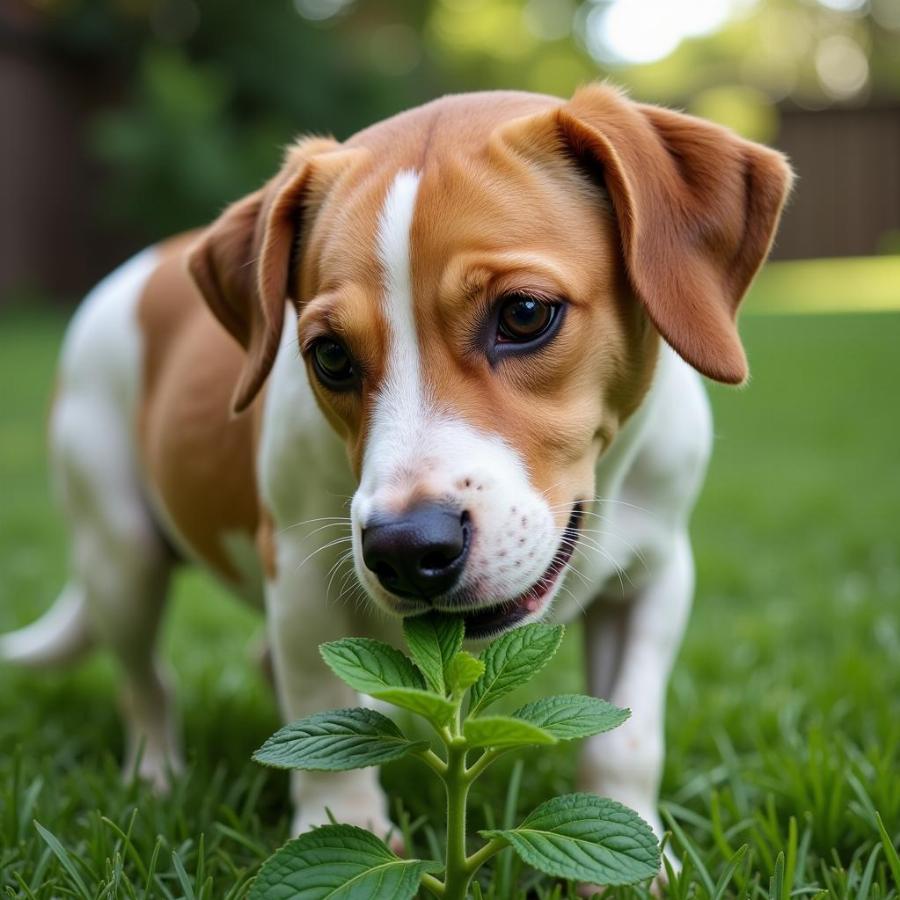 Dog cautiously smelling a peppermint plant