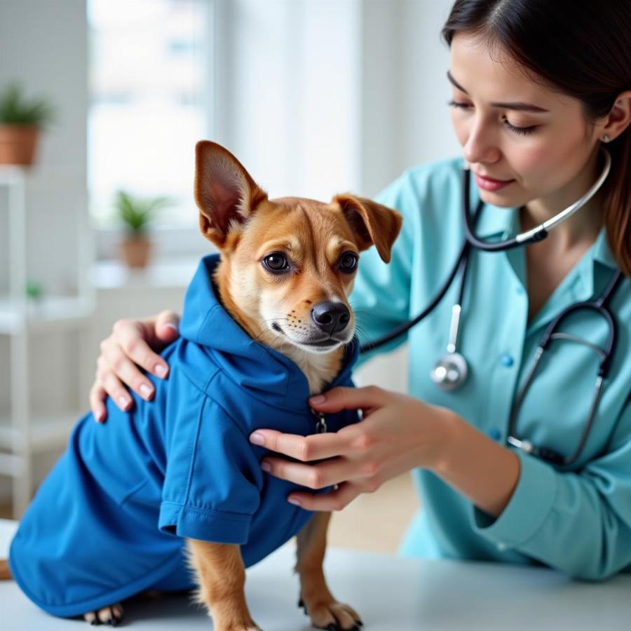 Dog wearing a straight jacket at the vet