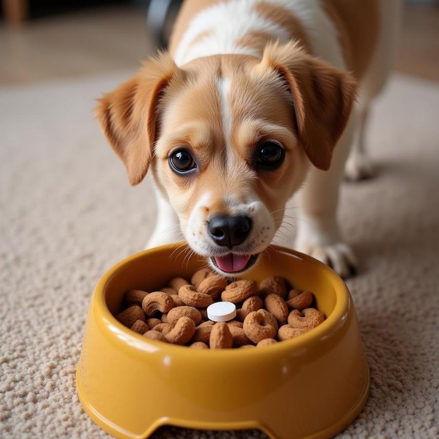 Dog taking medication with food