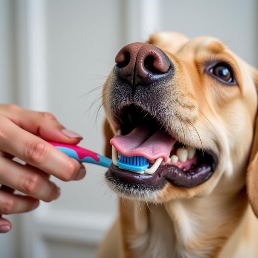 Brushing a dog's teeth