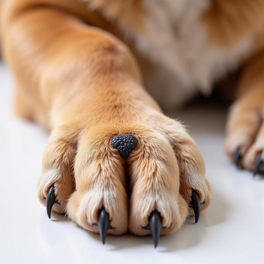 Close-up of a dog's paw with a visible growth on one toe