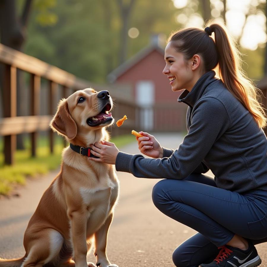 Dog trainer using positive reinforcement