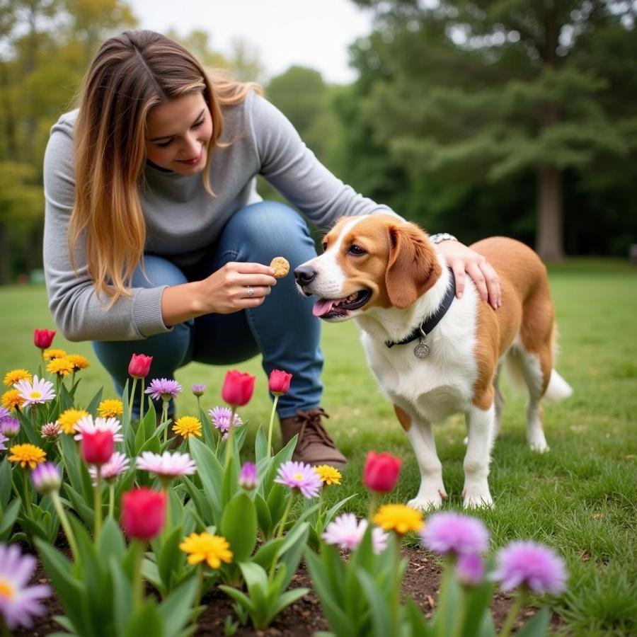 Dog Training Near Flower Bed