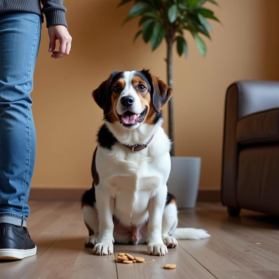 Dog learning the "quiet" command with a trainer.