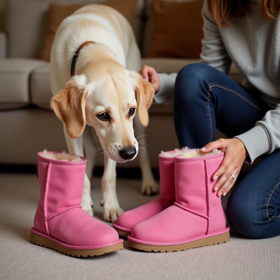 Dog trying on ugg boots indoors