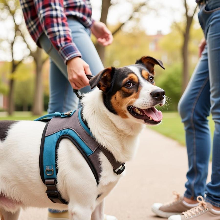 Dog using assistive harness for back leg support