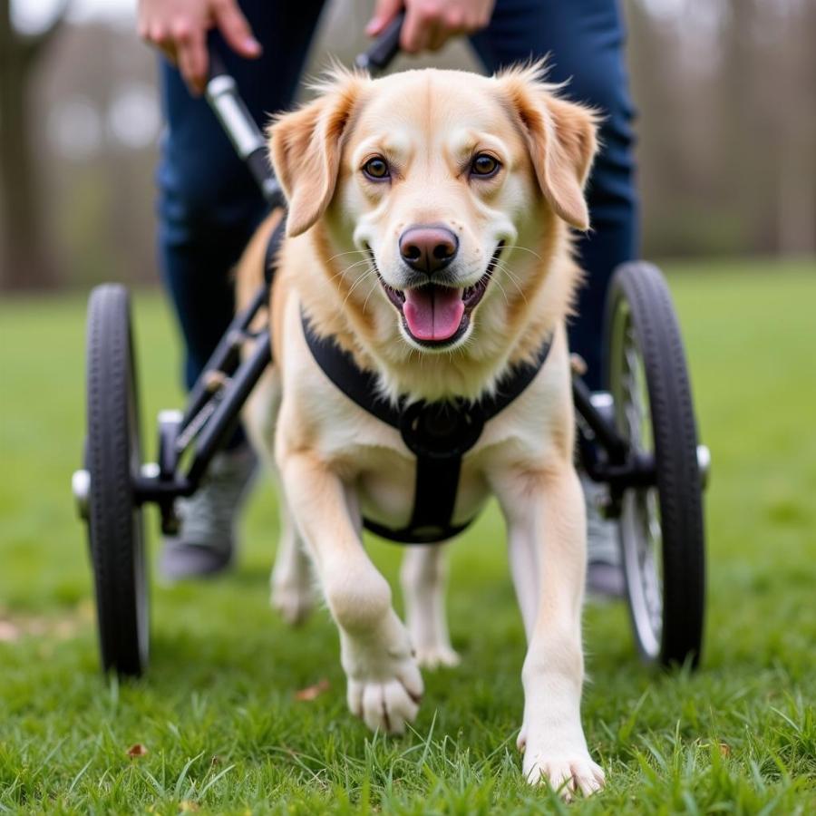 Paralyzed Dog Using a Mobility Harness for Support