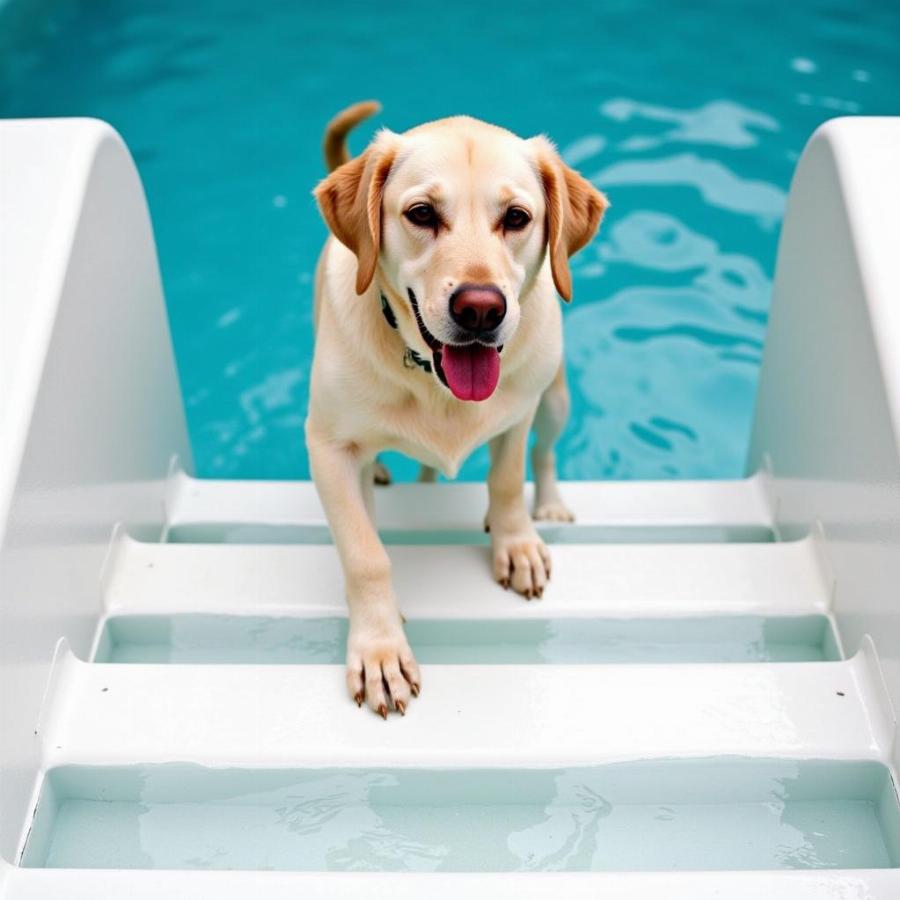 Dog Safely Exiting Pool Using Steps