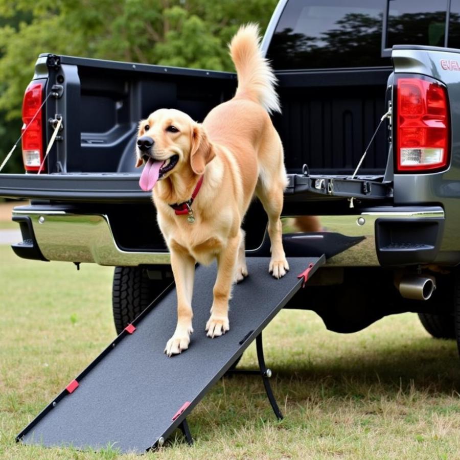 Happy Dog Using a Ramp to Enter Truck Bed