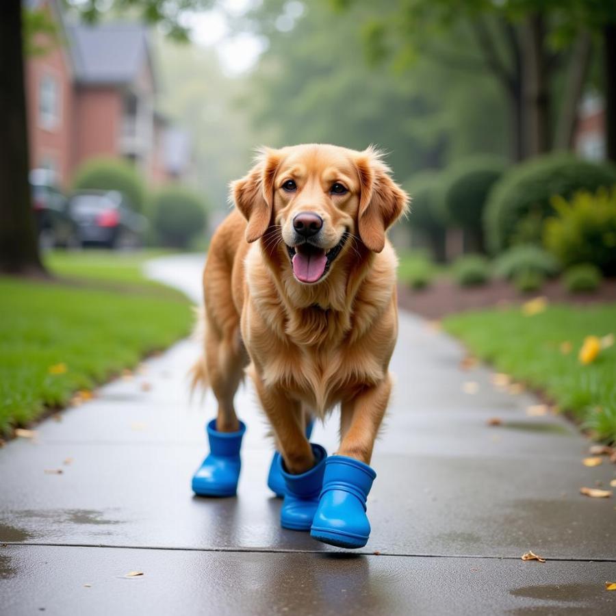 Dog Walking Confidently in Rain Boots