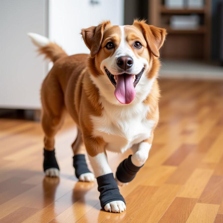 Dog Walking Confidently on Wood Floor