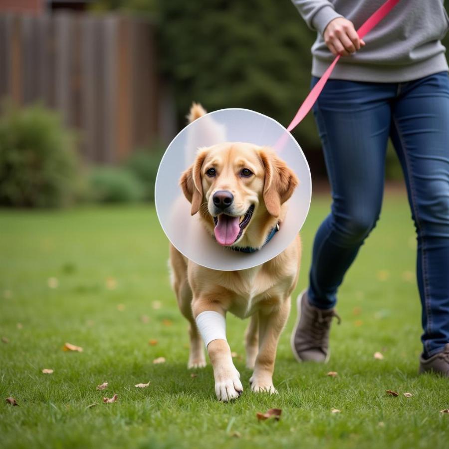 Dog walking on a leash after surgery