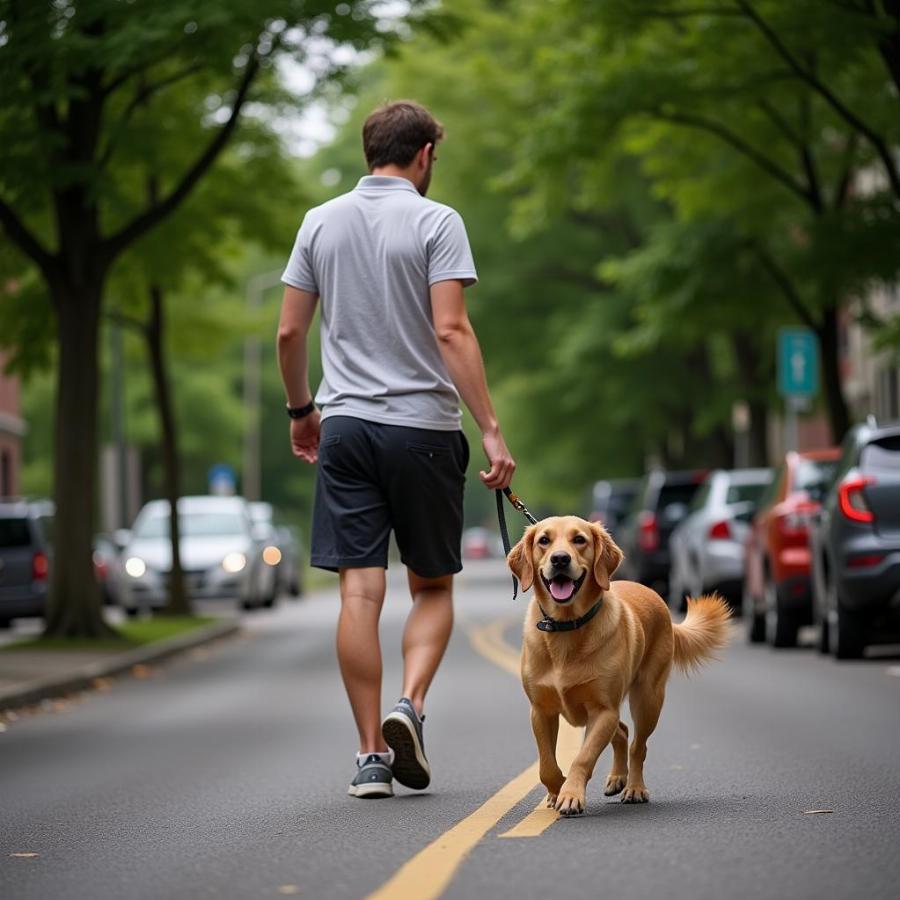 Walking a dog on a leash in Portland, Maine