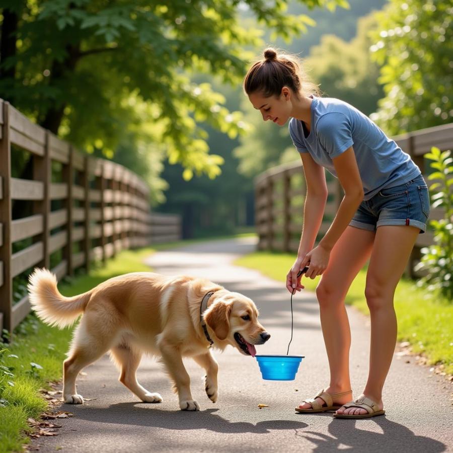 A woman offering water to her dog during a walk