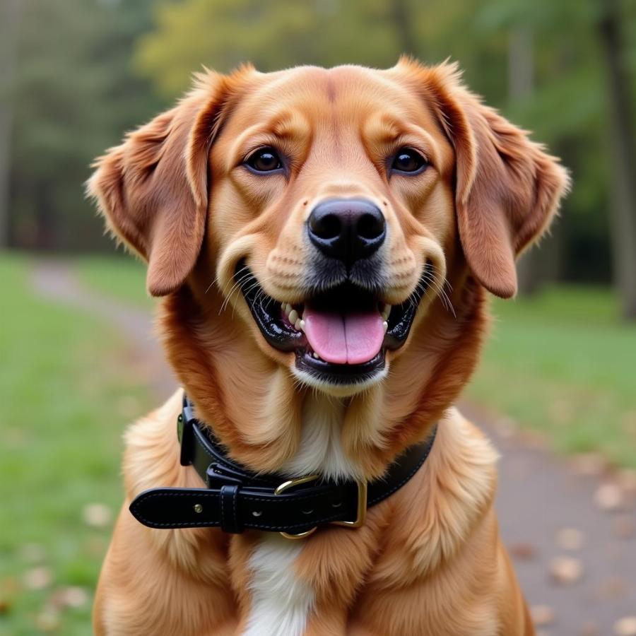 A dog wearing a black leather collar enjoys the outdoors