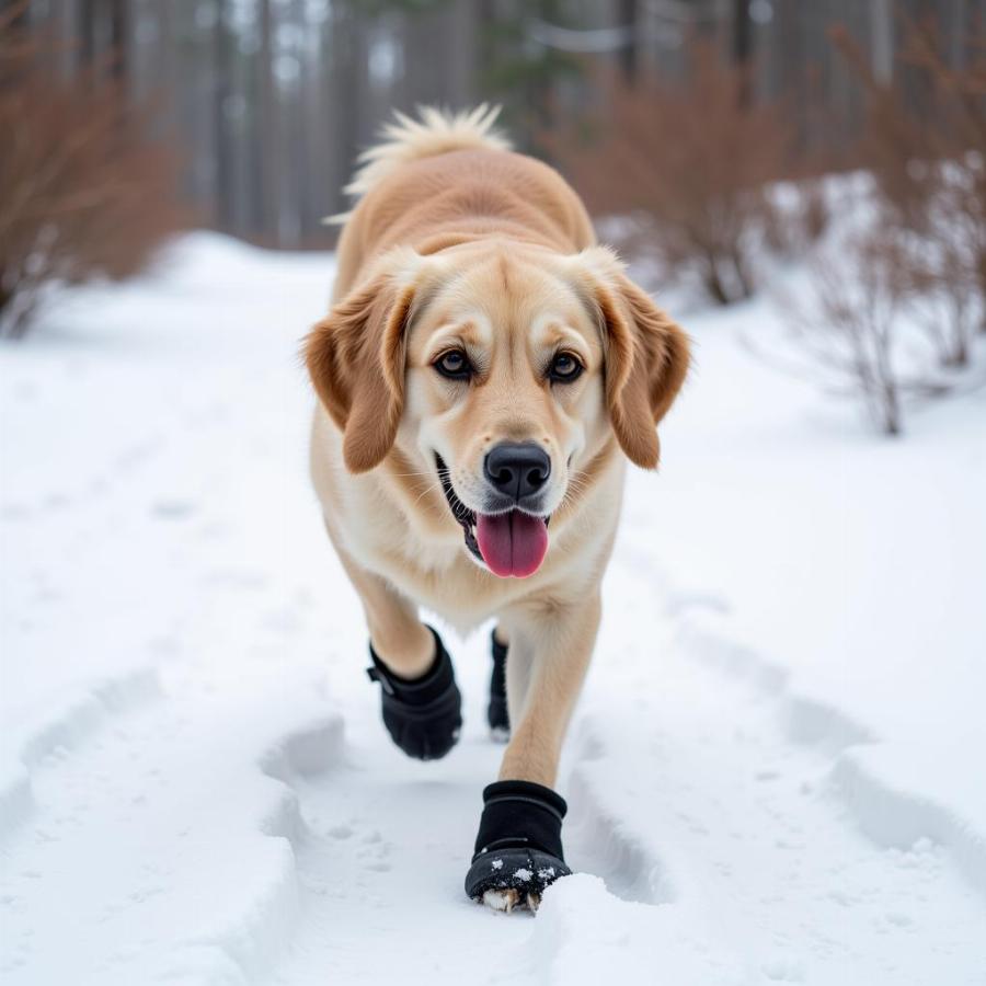 A dog wearing protective booties