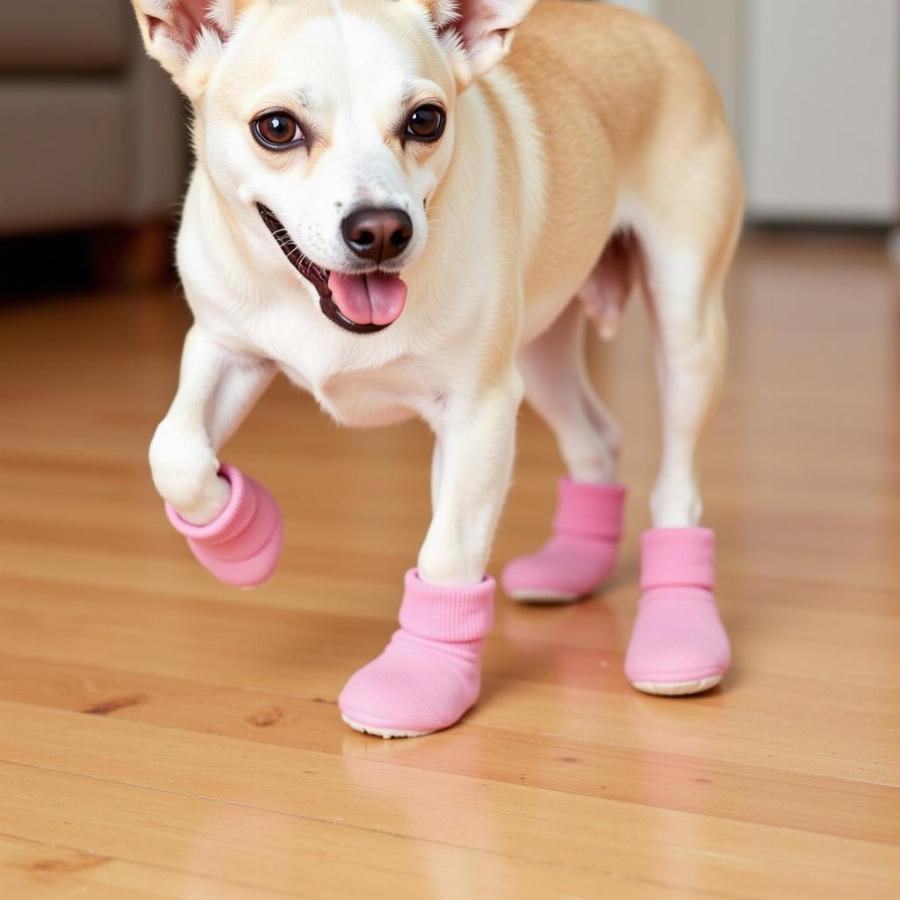 Dog wearing booties indoors