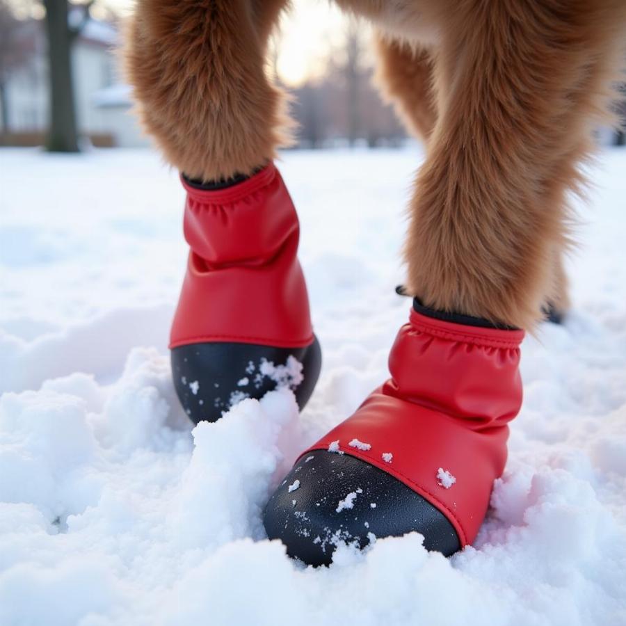 Dog Wearing Boots on Snowy Pavement