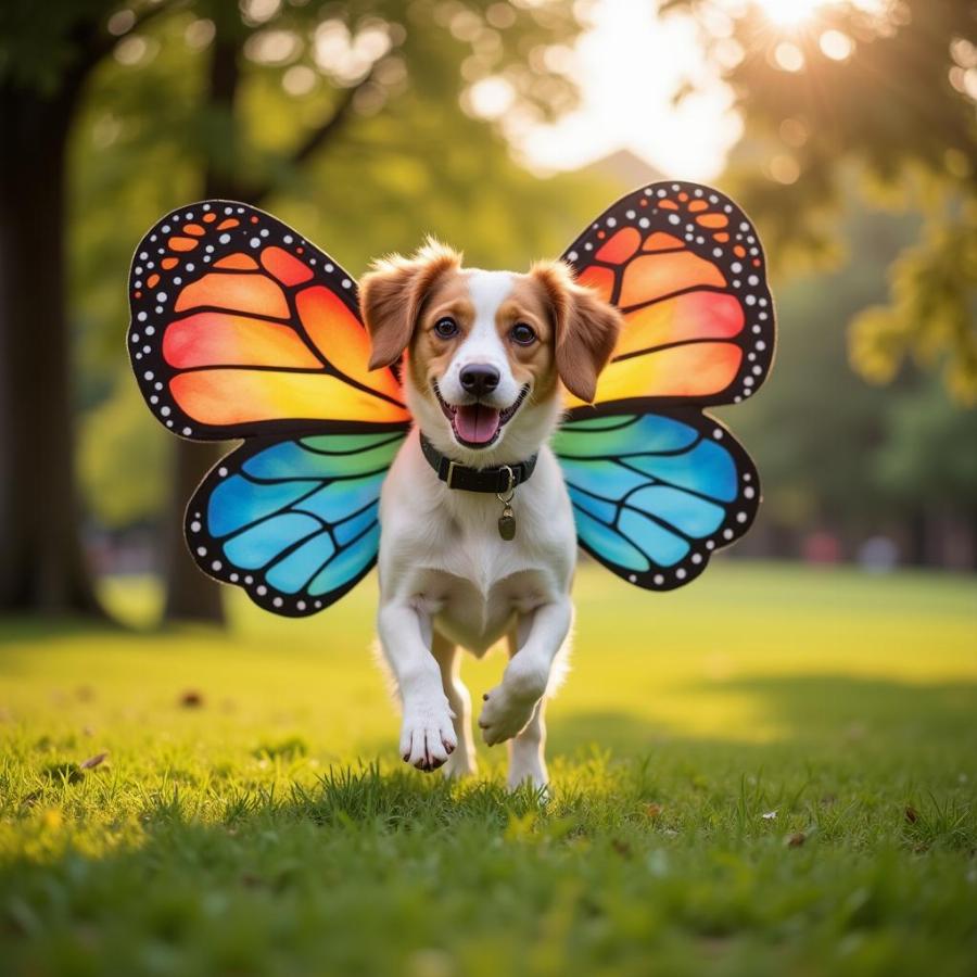 Dog with Butterfly Wings in Park