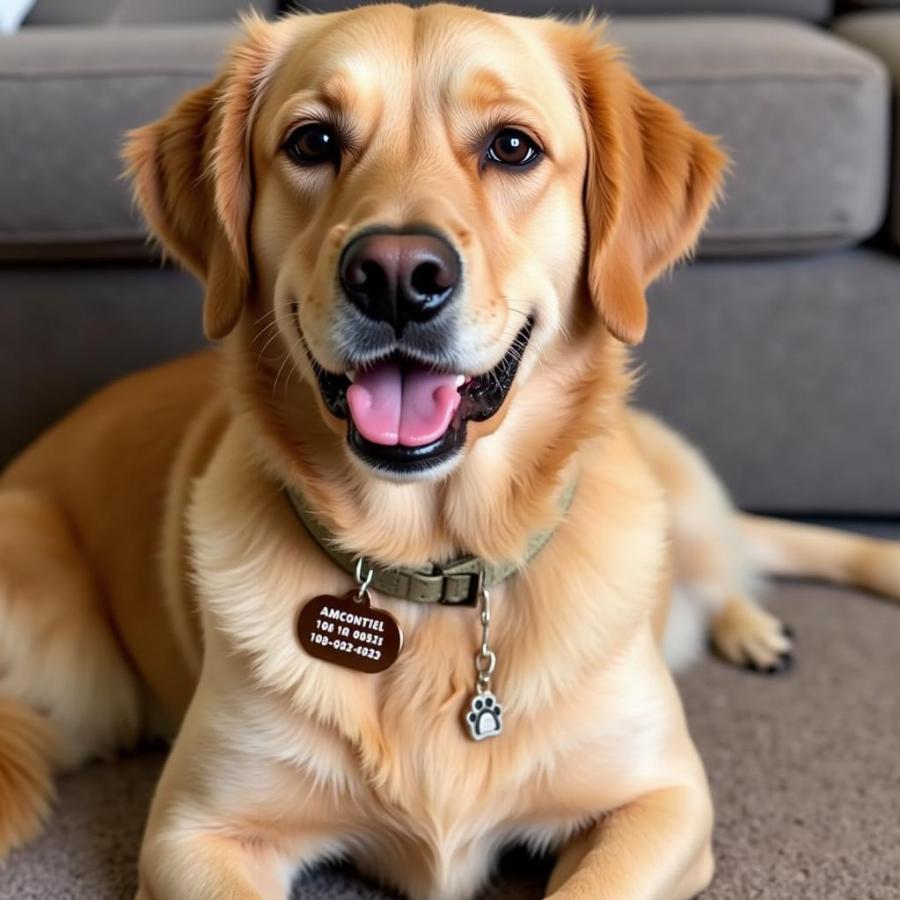 A happy dog wearing a personalized army-style dog tag.