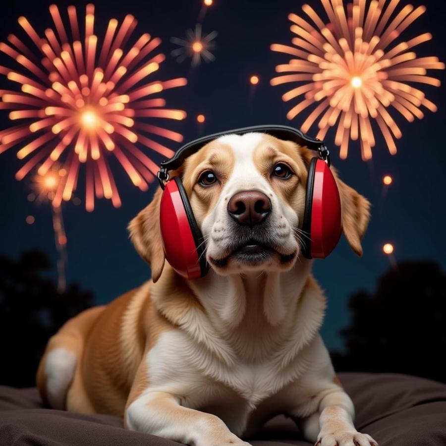 Dog wearing earmuffs during fireworks