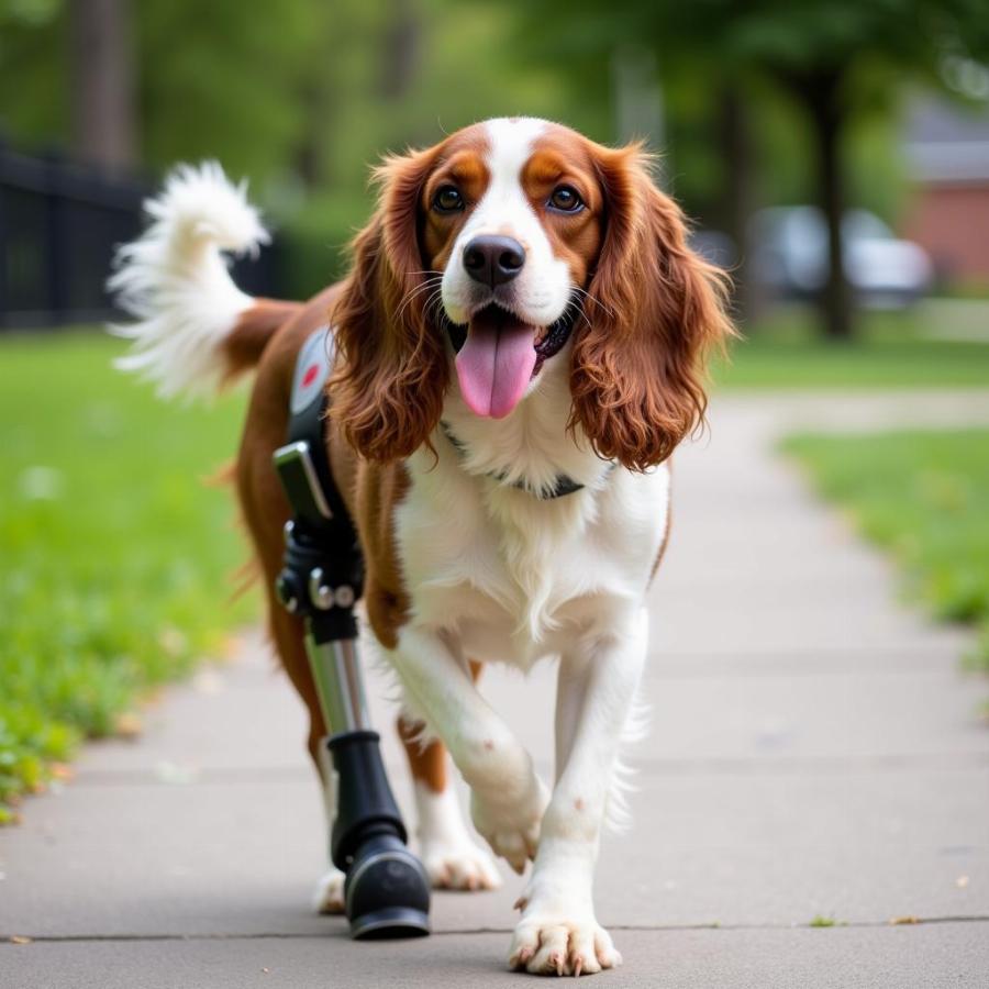 Happy dog walking with a leg brace