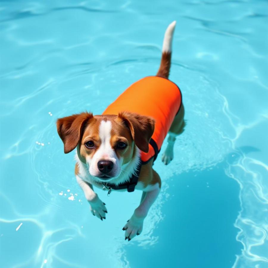 Small dog wearing a life jacket swimming in a pool