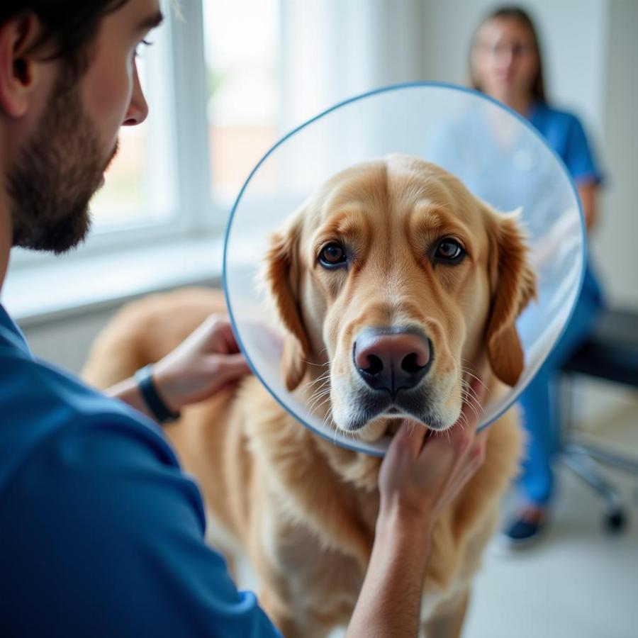 Dog Wearing Medical Collar at Veterinary Clinic