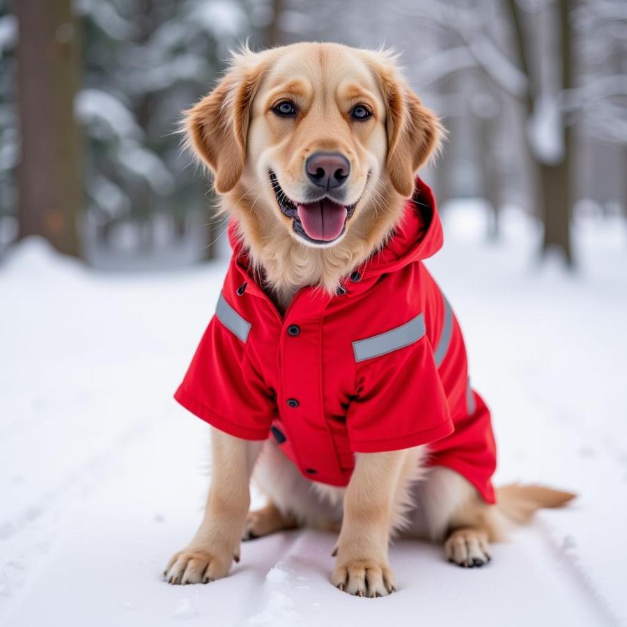 Dog Wearing Red Snow Jacket