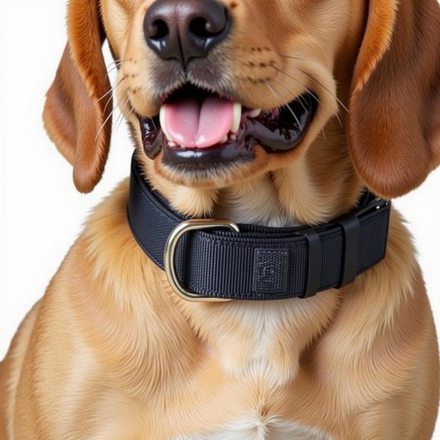 A happy dog wearing a spot on collar