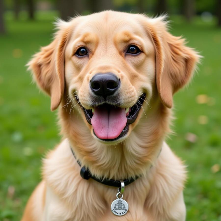 Happy dog wearing a Tiffany & Co. dog tag