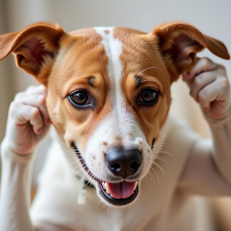 Close-up on a dog scratching its ear due to itchy skin