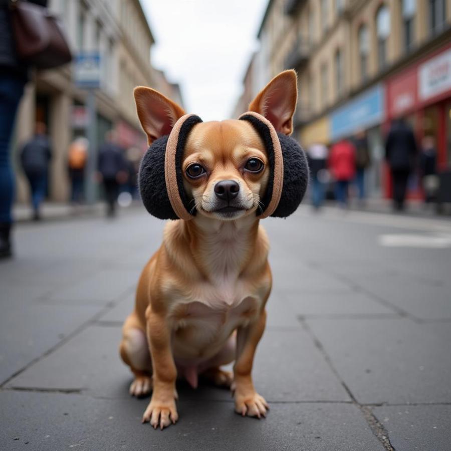 Dog wearing noise-reducing ear covers in a busy city