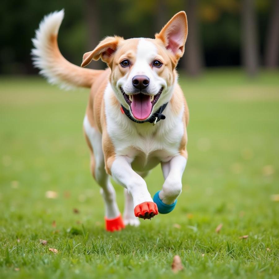 Dog with Toenail Covers Enjoying Playtime