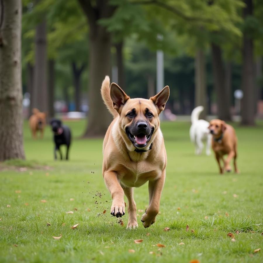 A Dogo Corso enjoying a run in a fenced dog park