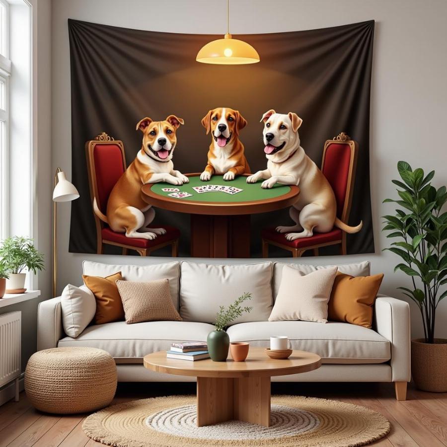 Dogs Playing Cards Tapestry in Living Room