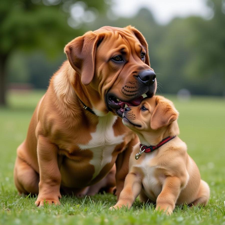 Dogue de Bordeaux Adult and Puppy Playing